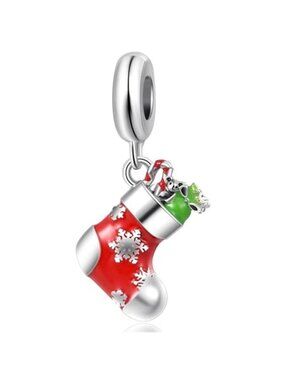 Christmas Stocking Charm Red Enamel CZ Bead Bracelet Pendant Holiday Gift